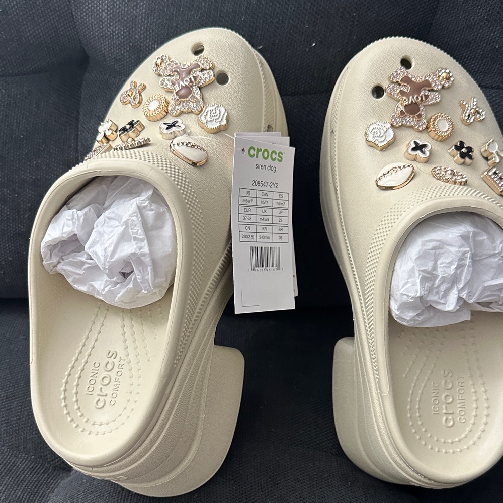 CROCS Platform Clogs in Cream with Gold Embellishments